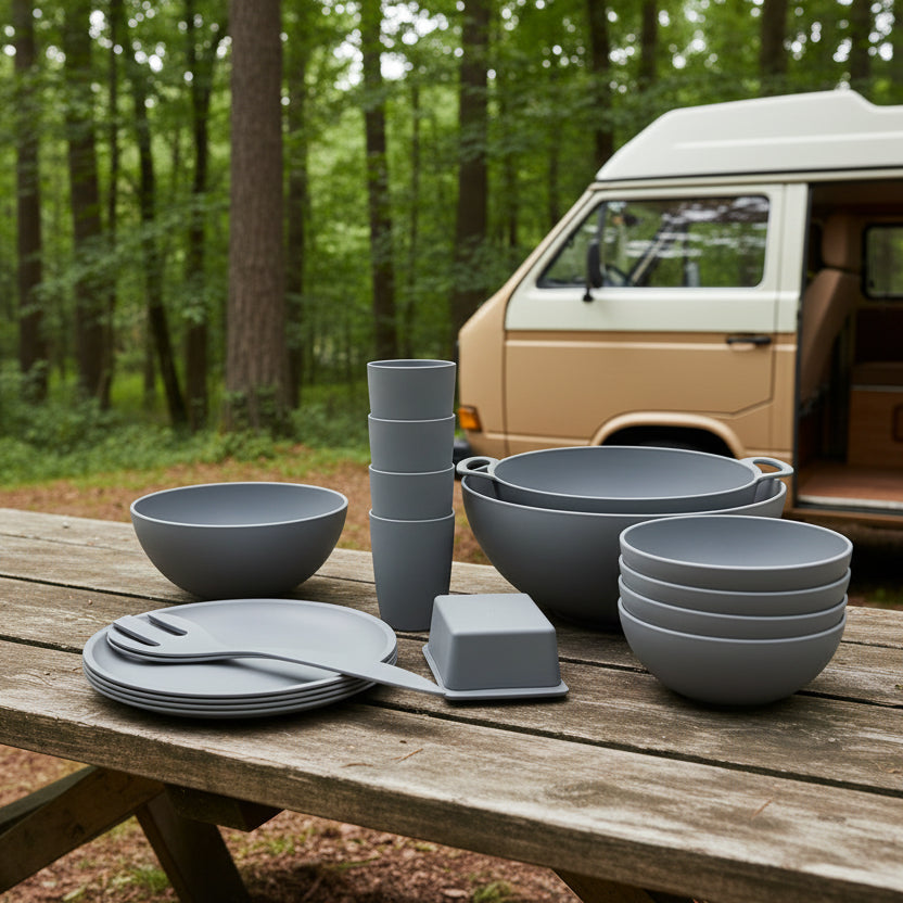 Campinggeschirr-Set aus umweltfreundlichem Biopolymer – robust, leicht & nachhaltig