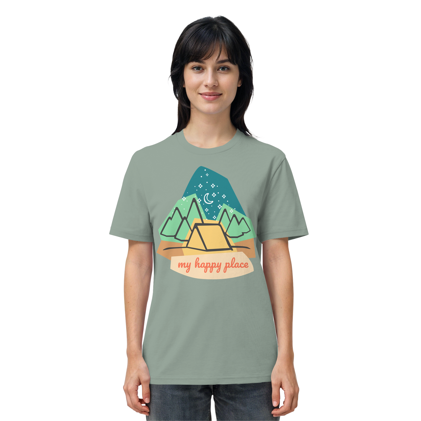 Camping-T-Shirt "My happy place" für Männer und Frauen (Bio-Baumwolle)