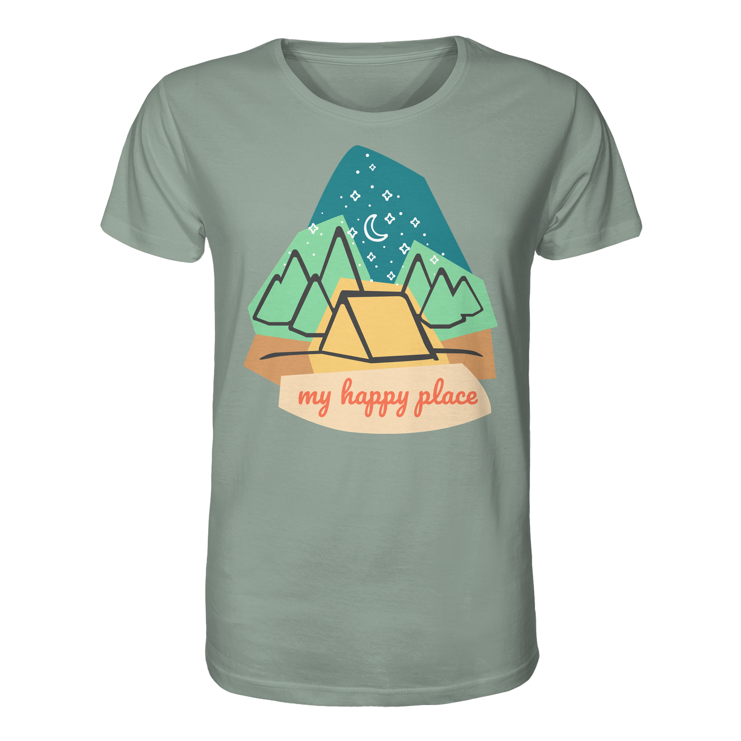 Camping-T-Shirt "My happy place" für Männer und Frauen (Bio-Baumwolle)