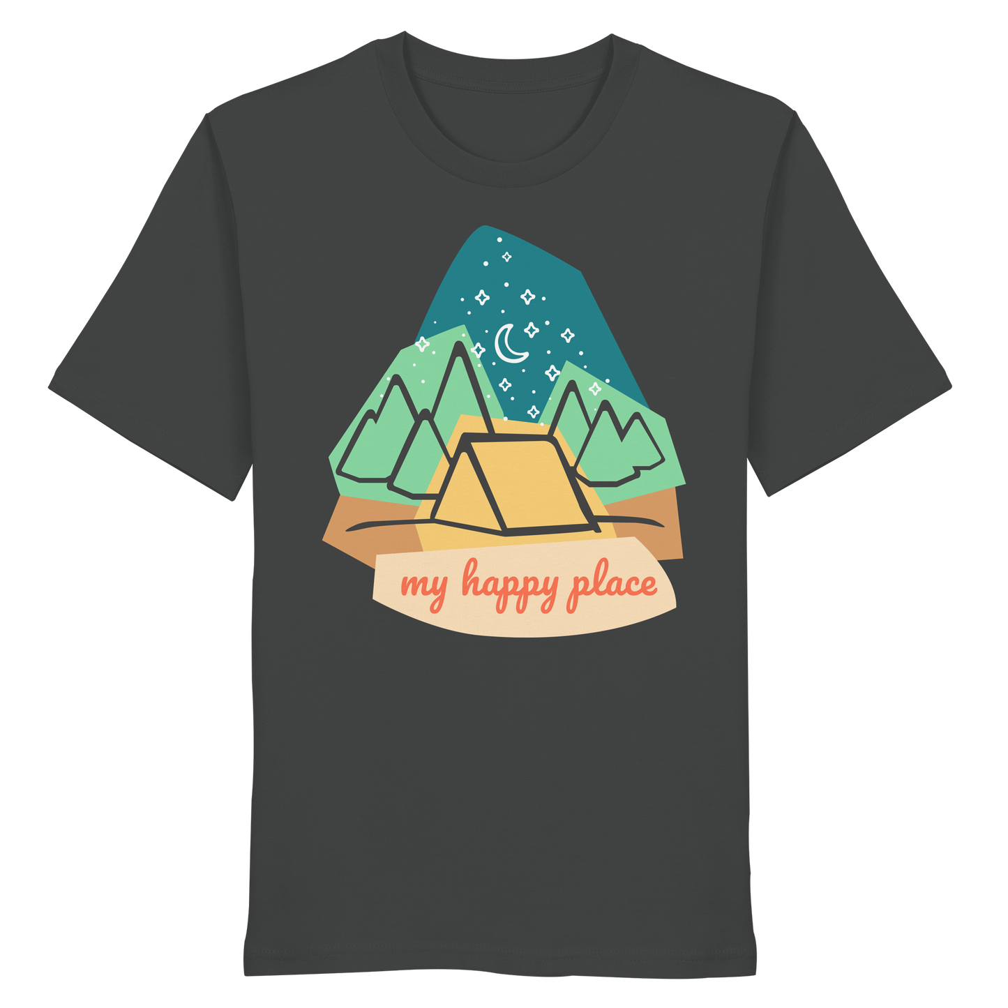 Camping-T-Shirt "My happy place" für Männer und Frauen (Bio-Baumwolle)