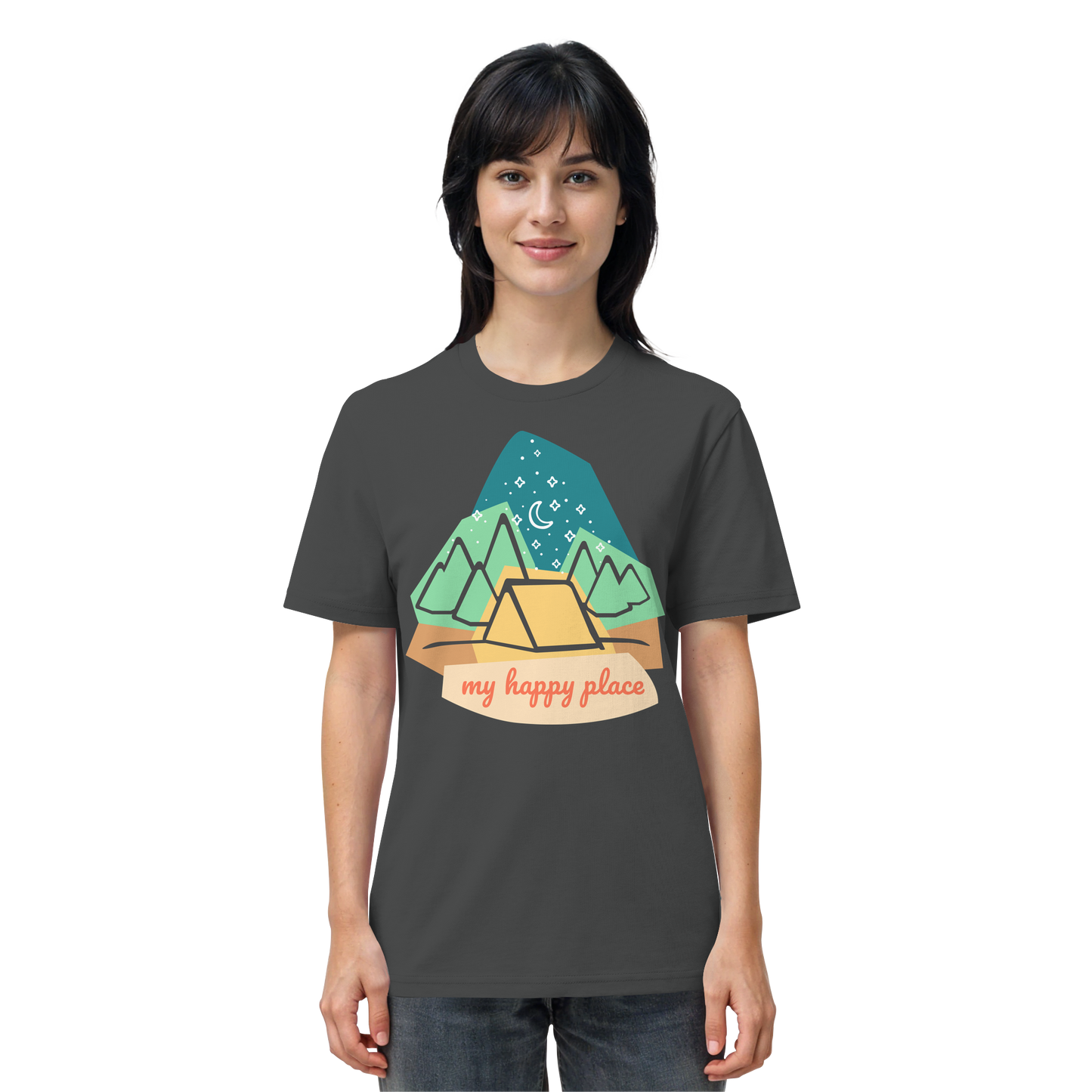 Camping-T-Shirt "My happy place" für Männer und Frauen (Bio-Baumwolle)