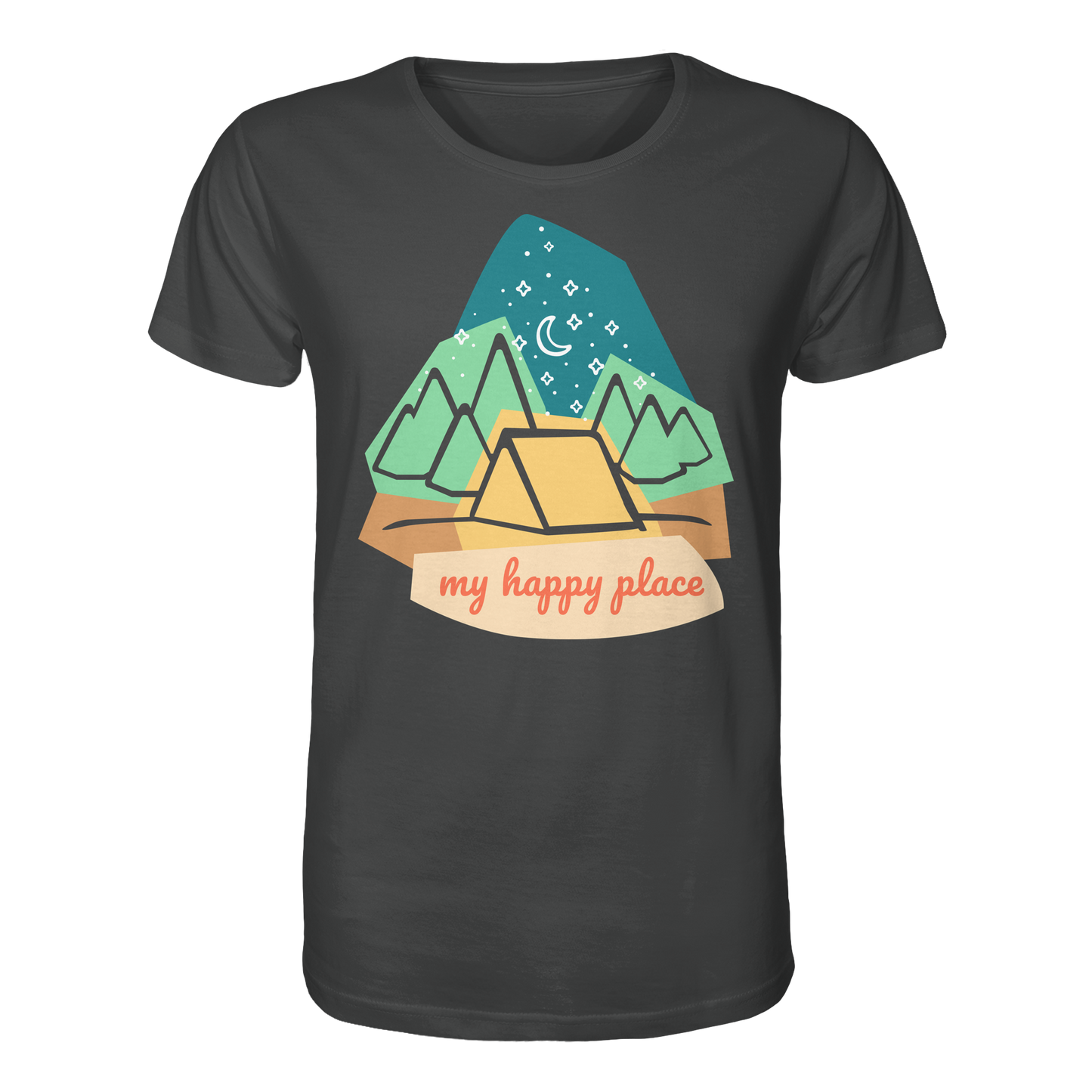 Camping-T-Shirt "My happy place" für Männer und Frauen (Bio-Baumwolle)