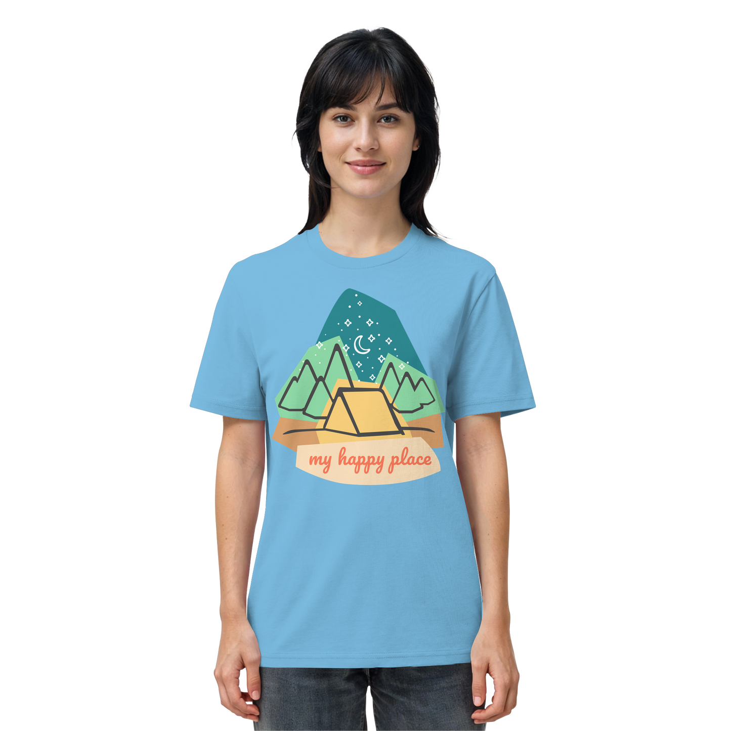Camping-T-Shirt "My happy place" für Männer und Frauen (Bio-Baumwolle)