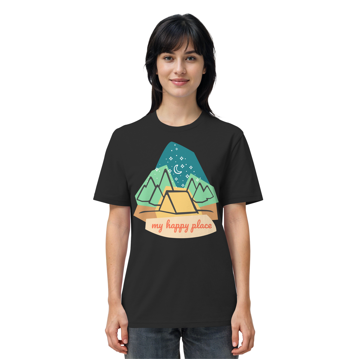Camping-T-Shirt "My happy place" für Männer und Frauen (Bio-Baumwolle)