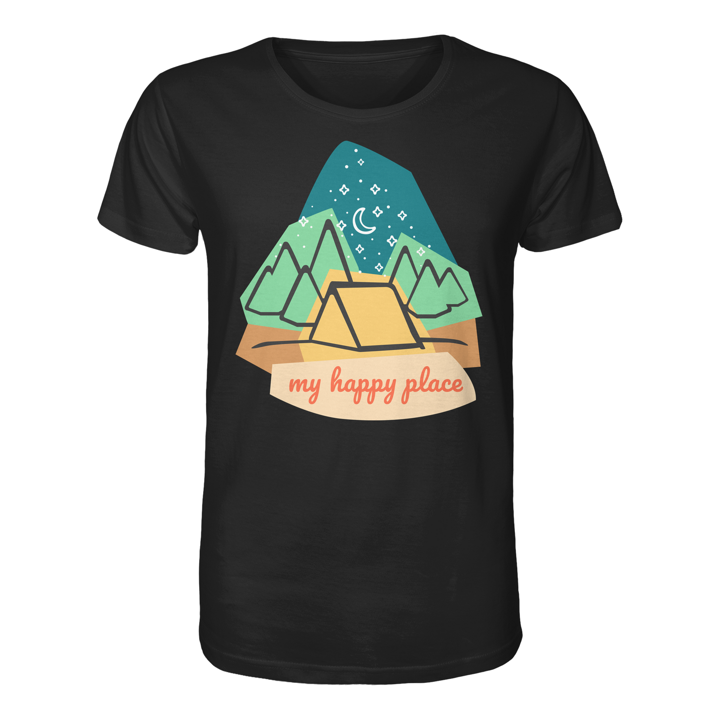 Camping-T-Shirt "My happy place" für Männer und Frauen (Bio-Baumwolle)