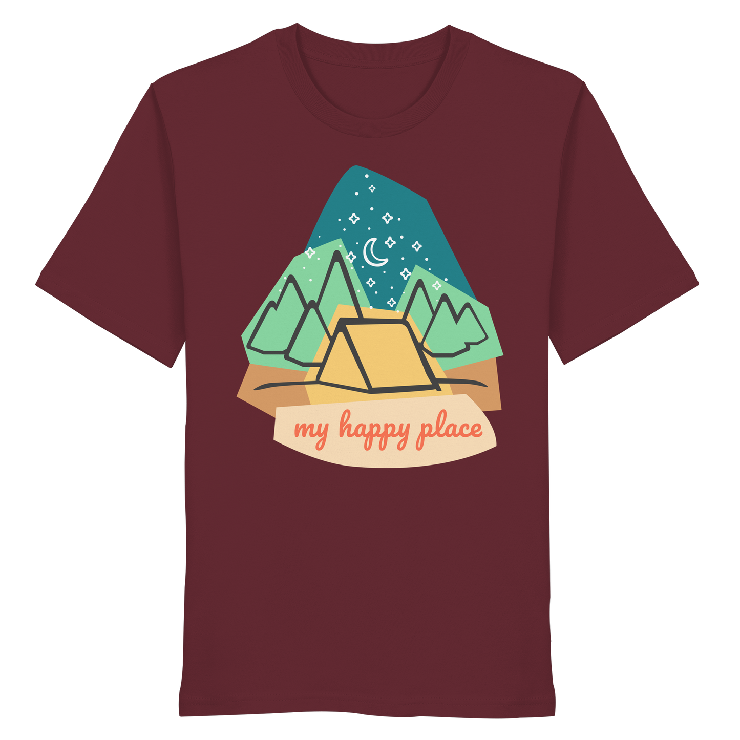 Camping-T-Shirt "My happy place" für Männer und Frauen (Bio-Baumwolle)