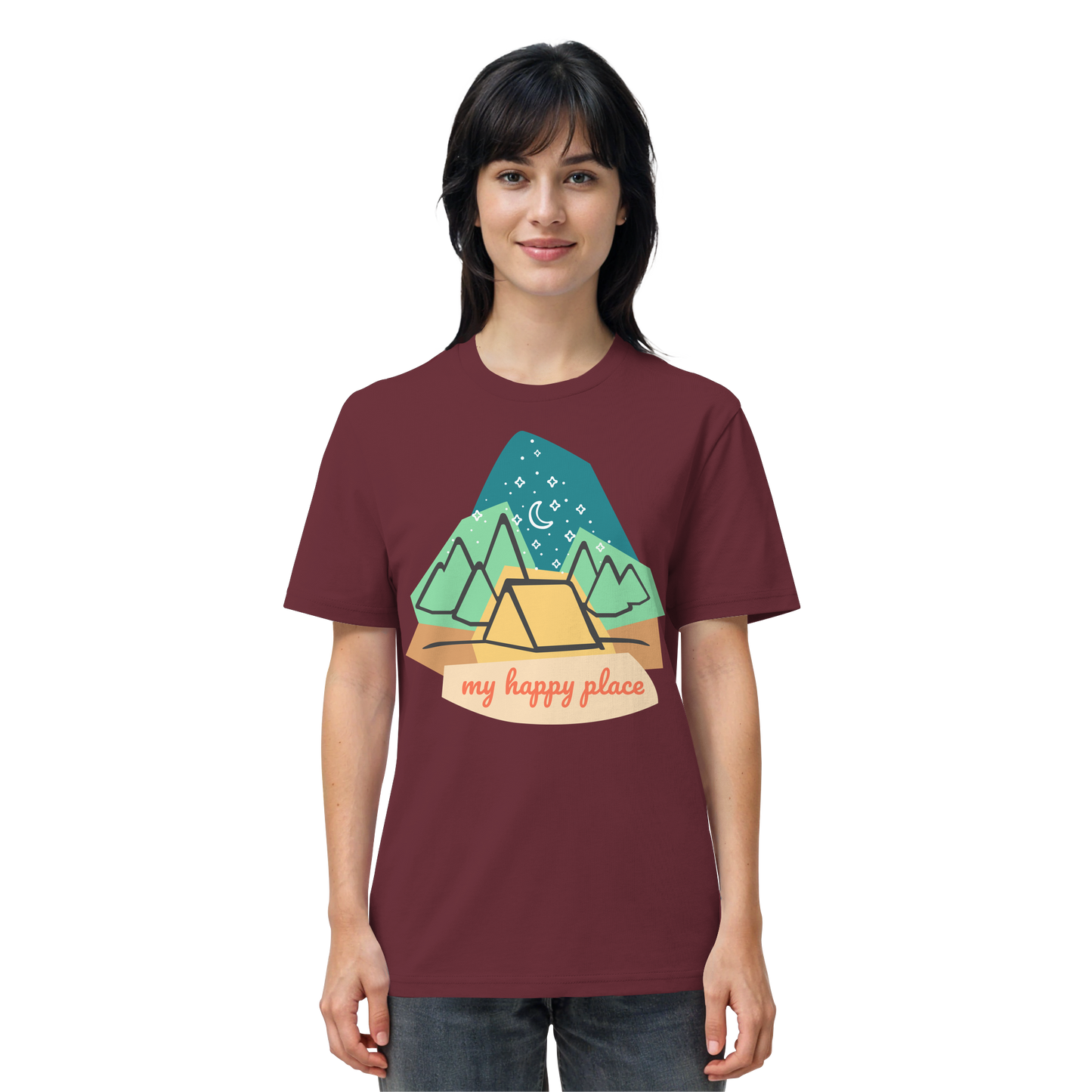 Camping-T-Shirt "My happy place" für Männer und Frauen (Bio-Baumwolle)