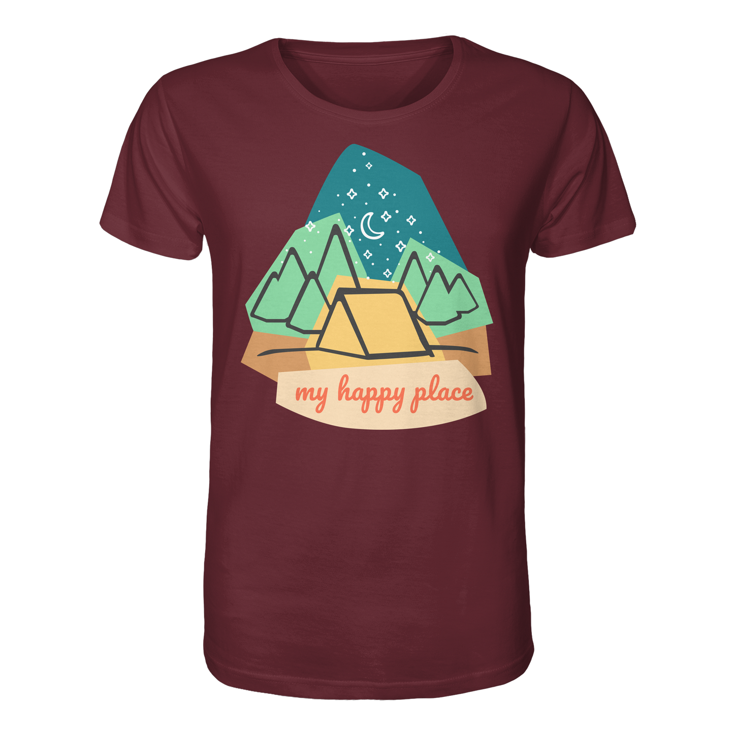 Camping-T-Shirt "My happy place" für Männer und Frauen (Bio-Baumwolle)