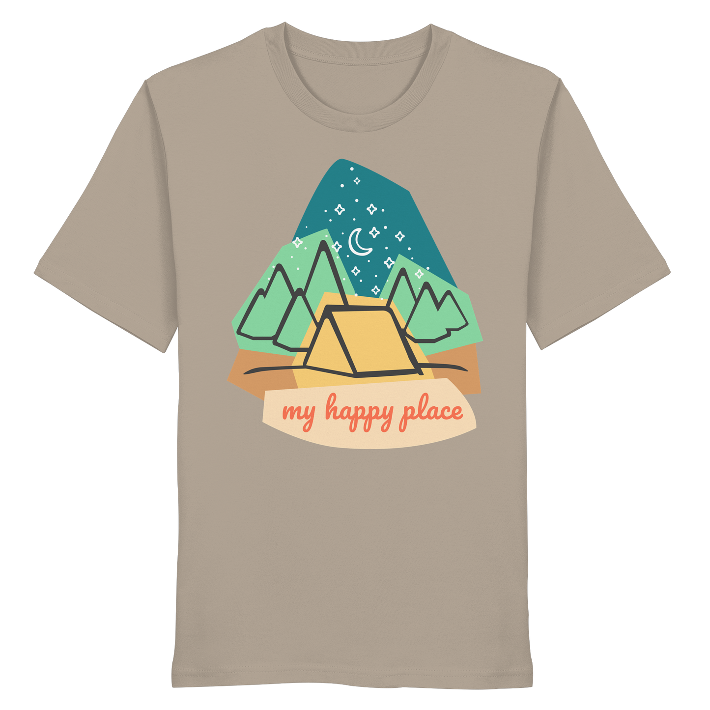 Camping-T-Shirt "My happy place" für Männer und Frauen (Bio-Baumwolle)