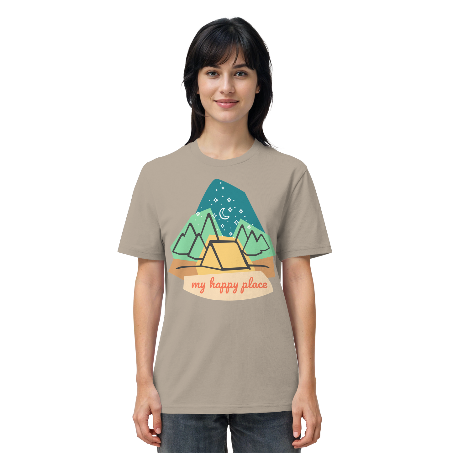 Camping-T-Shirt "My happy place" für Männer und Frauen (Bio-Baumwolle)