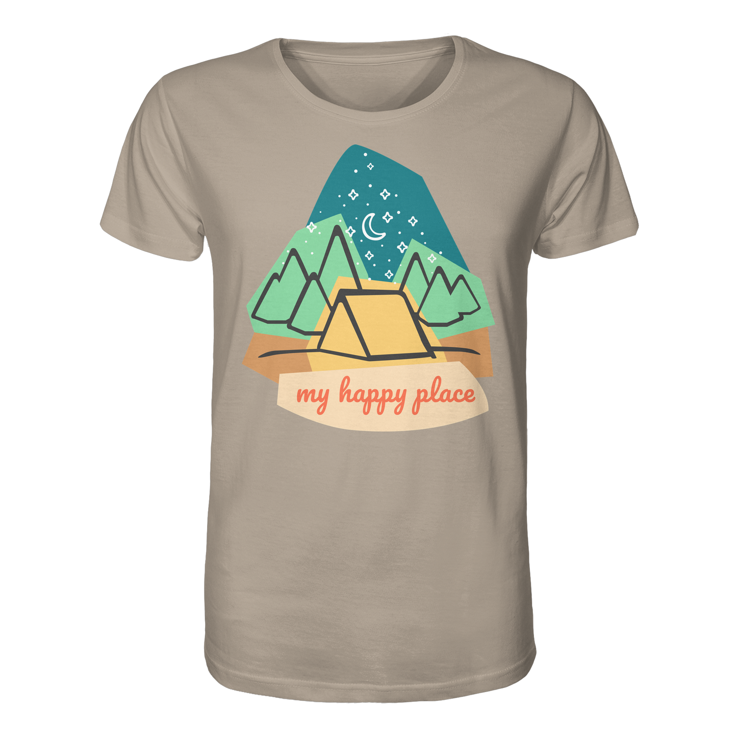 Camping-T-Shirt "My happy place" für Männer und Frauen (Bio-Baumwolle)
