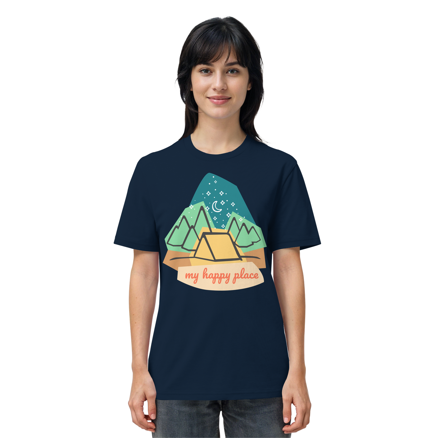 Camping-T-Shirt "My happy place" für Männer und Frauen (Bio-Baumwolle)
