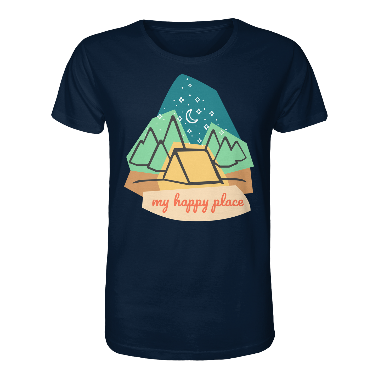 Camping-T-Shirt "My happy place" für Männer und Frauen (Bio-Baumwolle)