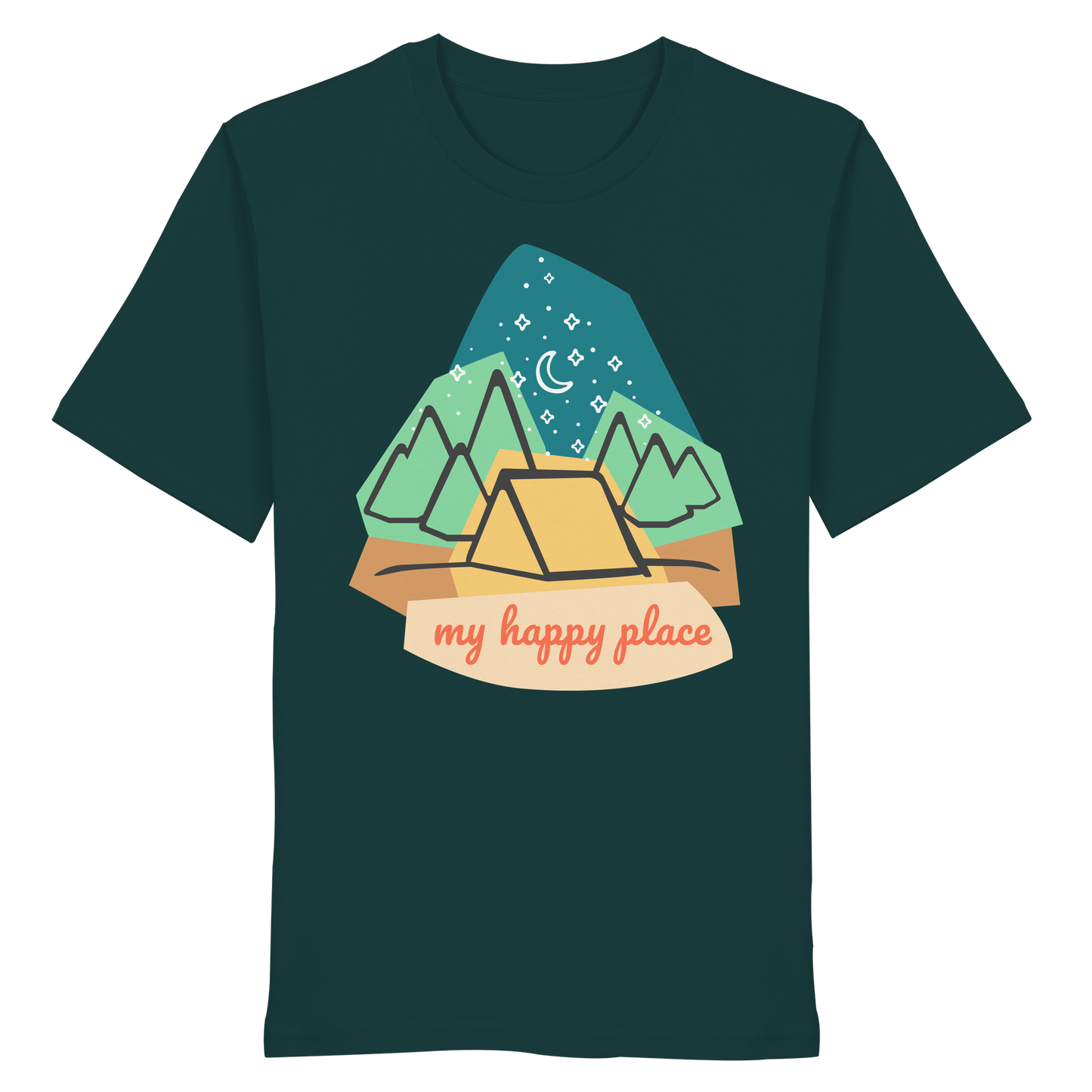 Camping-T-Shirt "My happy place" für Männer und Frauen (Bio-Baumwolle)