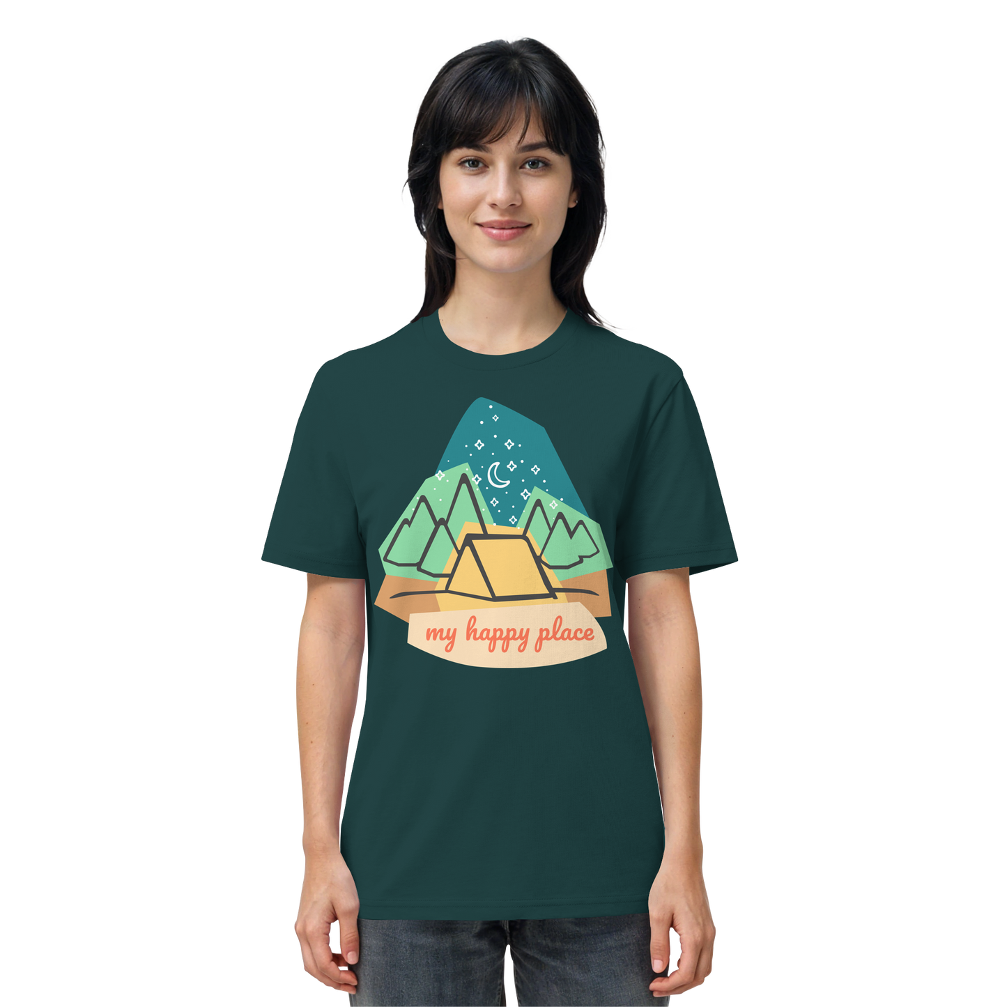 Camping-T-Shirt "My happy place" für Männer und Frauen (Bio-Baumwolle)