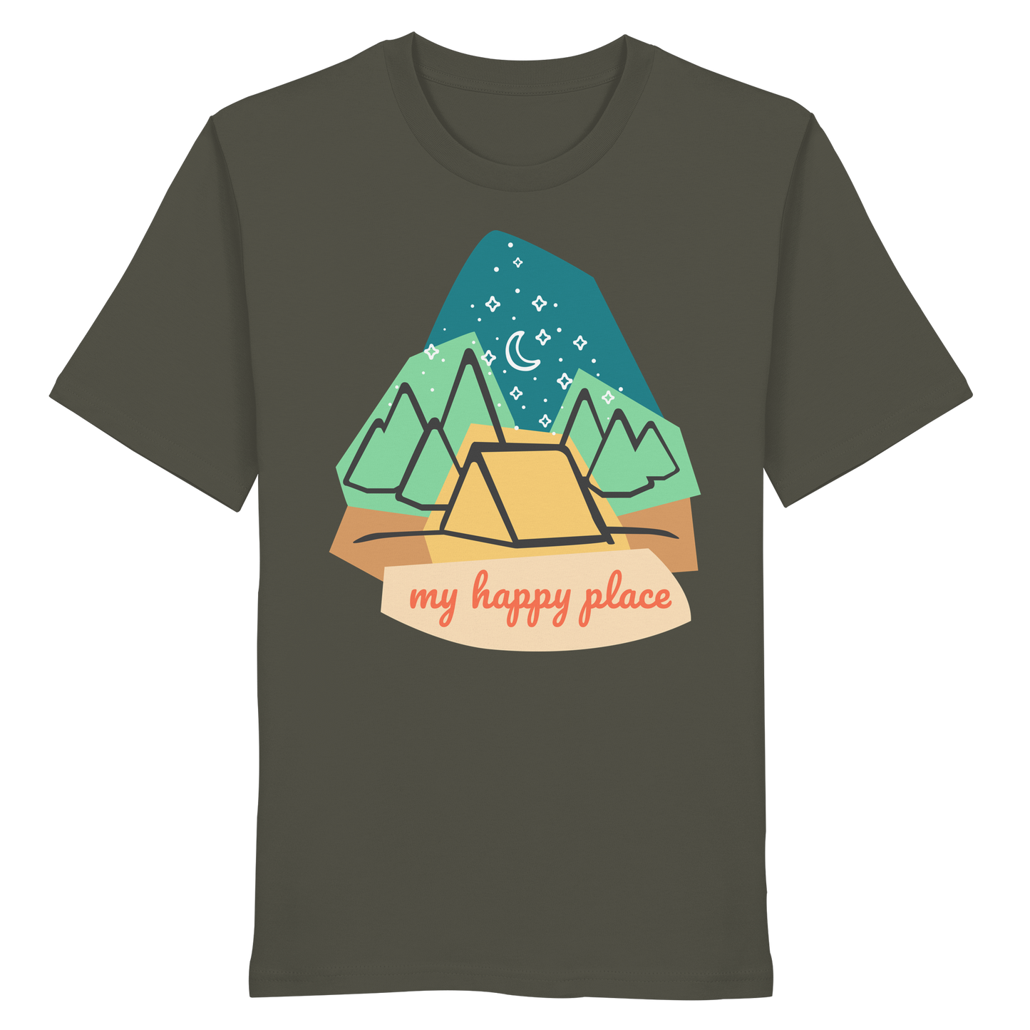 Camping-T-Shirt "My happy place" für Männer und Frauen (Bio-Baumwolle)