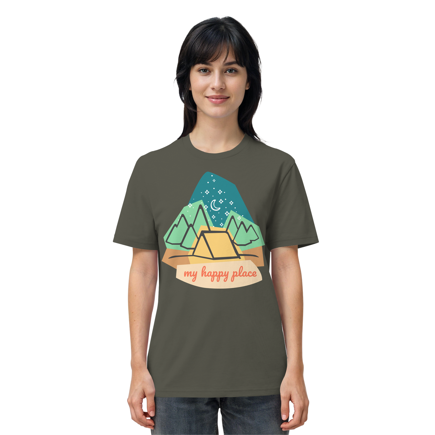 Camping-T-Shirt "My happy place" für Männer und Frauen (Bio-Baumwolle)