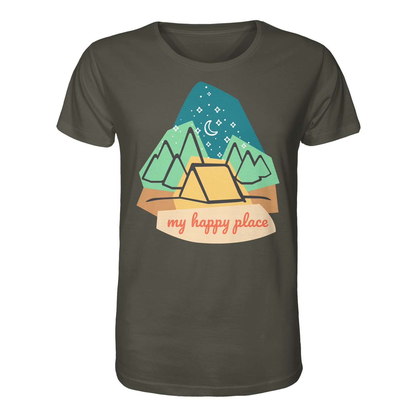 Camping-T-Shirt "My happy place" für Männer und Frauen (Bio-Baumwolle)