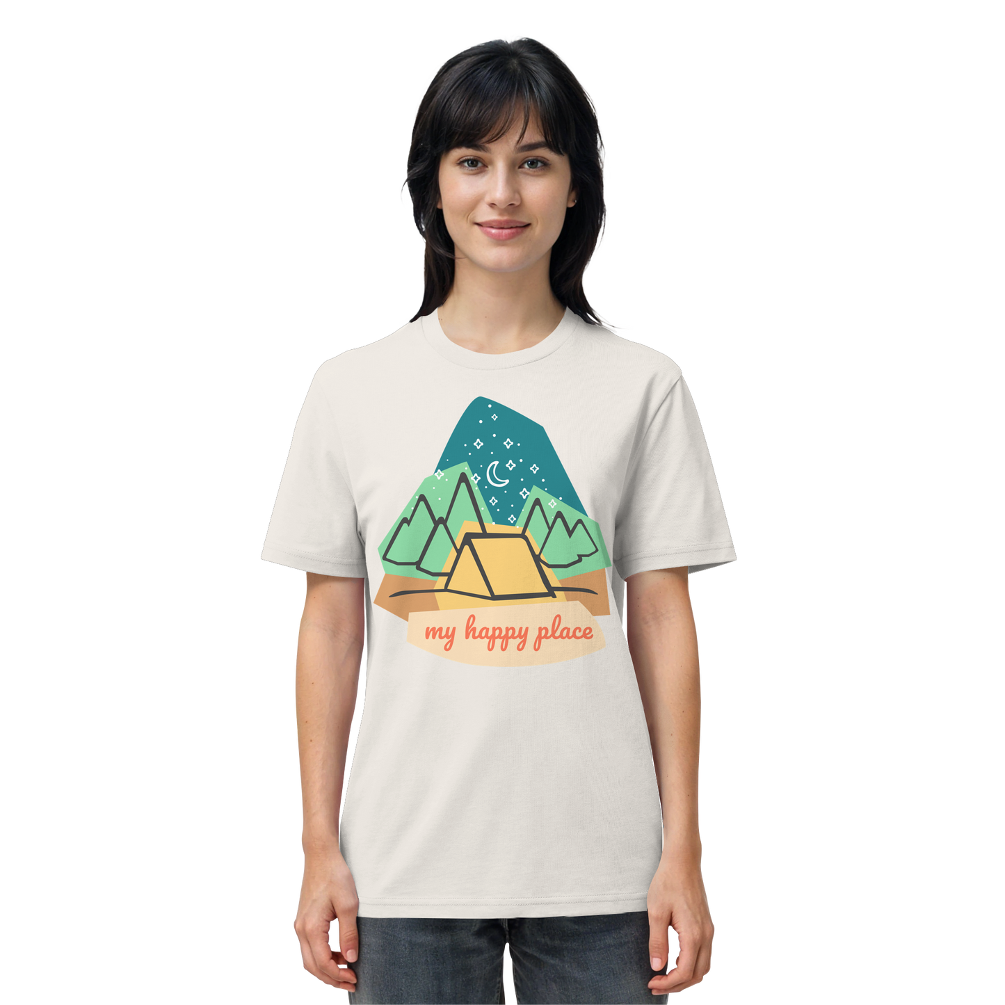 Camping-T-Shirt "My happy place" für Männer und Frauen (Bio-Baumwolle)
