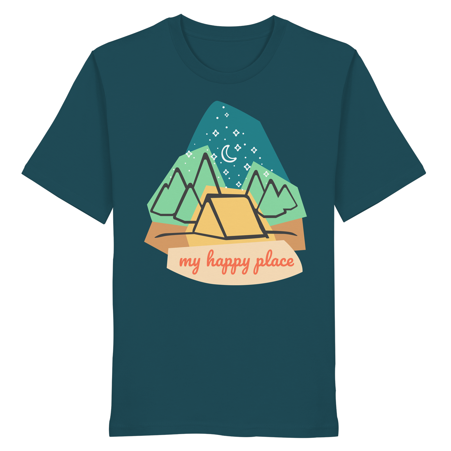 Camping-T-Shirt "My happy place" für Männer und Frauen (Bio-Baumwolle)