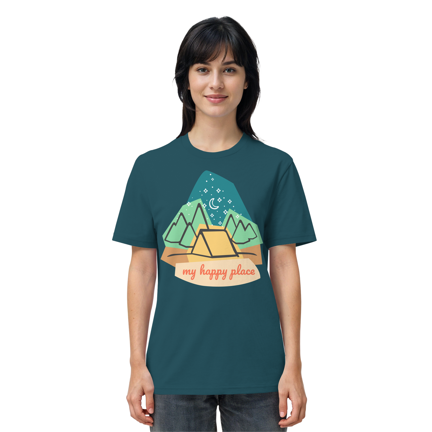 Camping-T-Shirt "My happy place" für Männer und Frauen (Bio-Baumwolle)