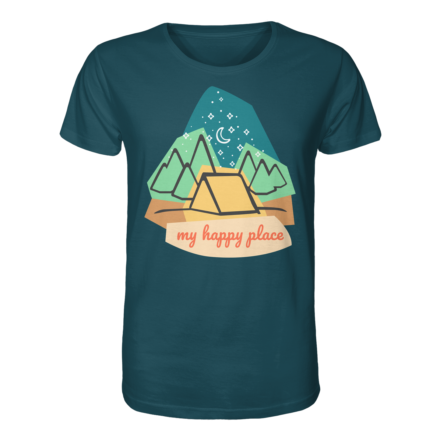 Camping-T-Shirt "My happy place" für Männer und Frauen (Bio-Baumwolle)