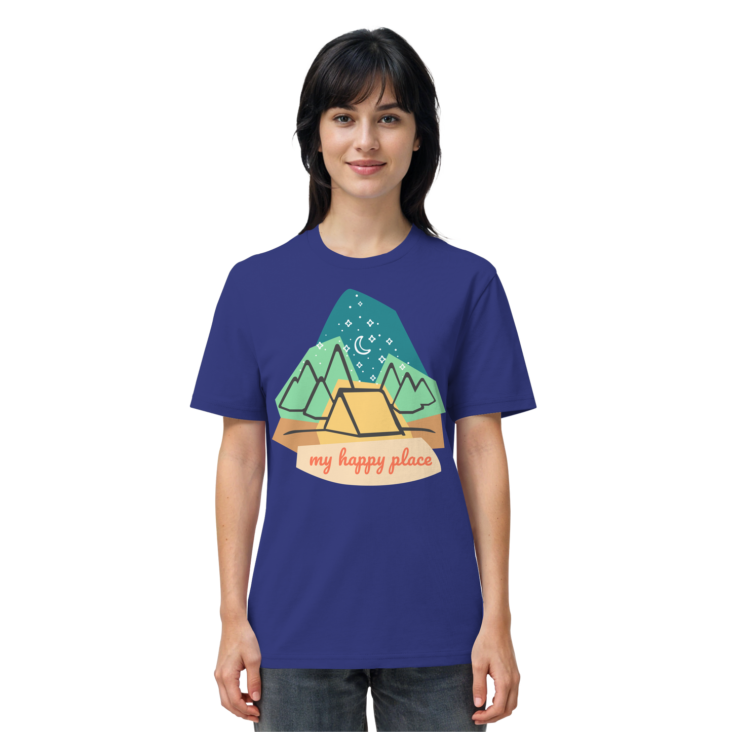 Camping-T-Shirt "My happy place" für Männer und Frauen (Bio-Baumwolle)